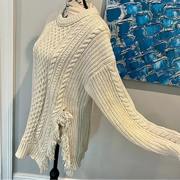 J.Crew Cable Knit Sweater with Side Slit Fringe Detail in Ivory - Picture 13 of 16